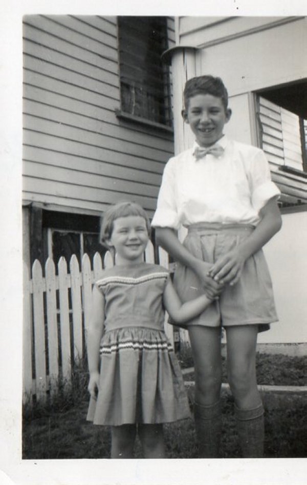 John aged 12 and Jacqueline aged 4. Logan Road, Buranda, Brisbane. December 1957