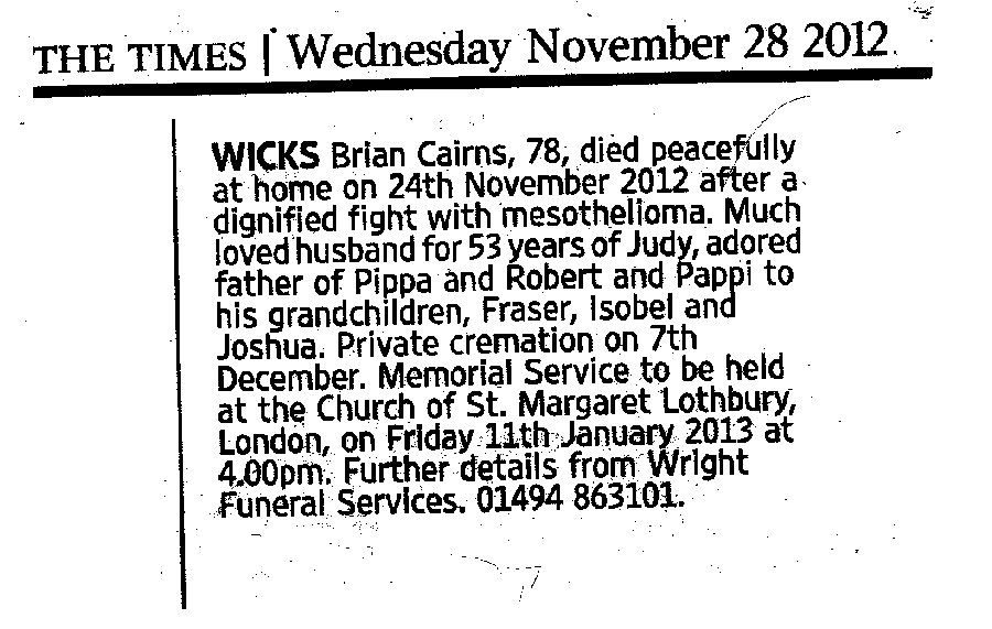 Brian Cairns Wicks - Death notice 24/11/2012