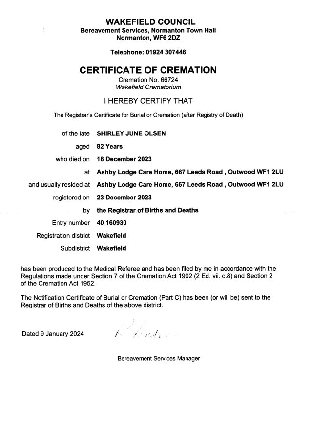 Certificate of Cremation of Shirley 019 01 2024