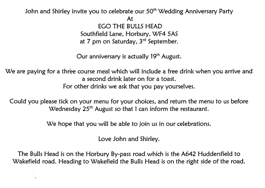 Golden Wedding Invitation 3rd September 2022