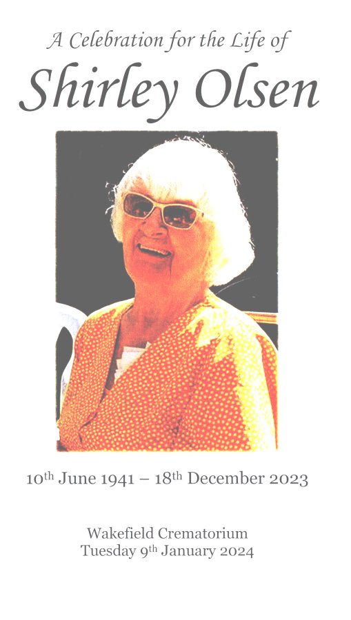 Front of Order of Service, Funeral of Shirley 09 01 2024