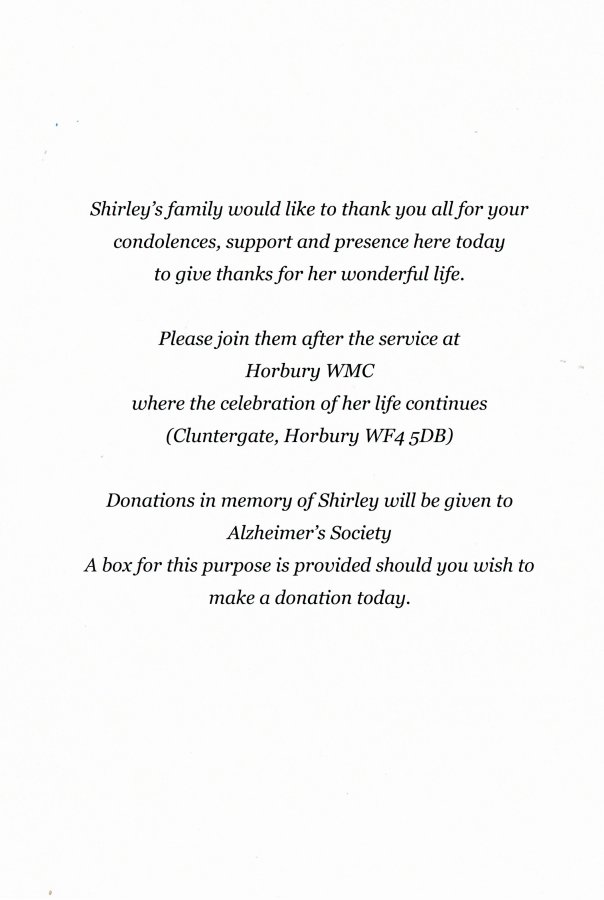 Thanks to attendees, Funeral of Shirley 09 01 2024