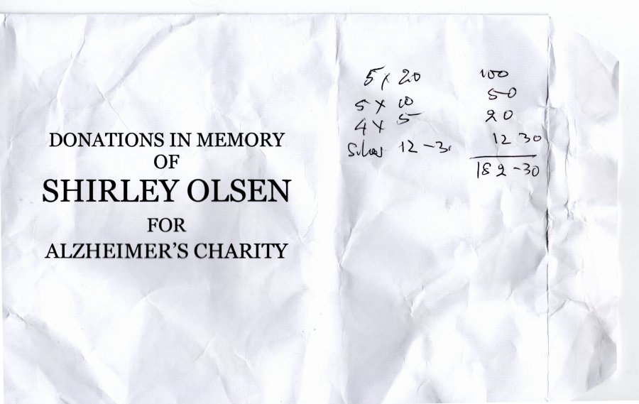 Collection Envelope for Alzheimers, Funeral of Shirley 09 01 2024