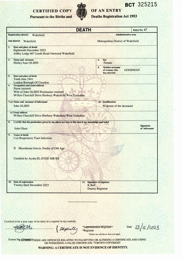 Death Certificate of Shirley 18 12 2023