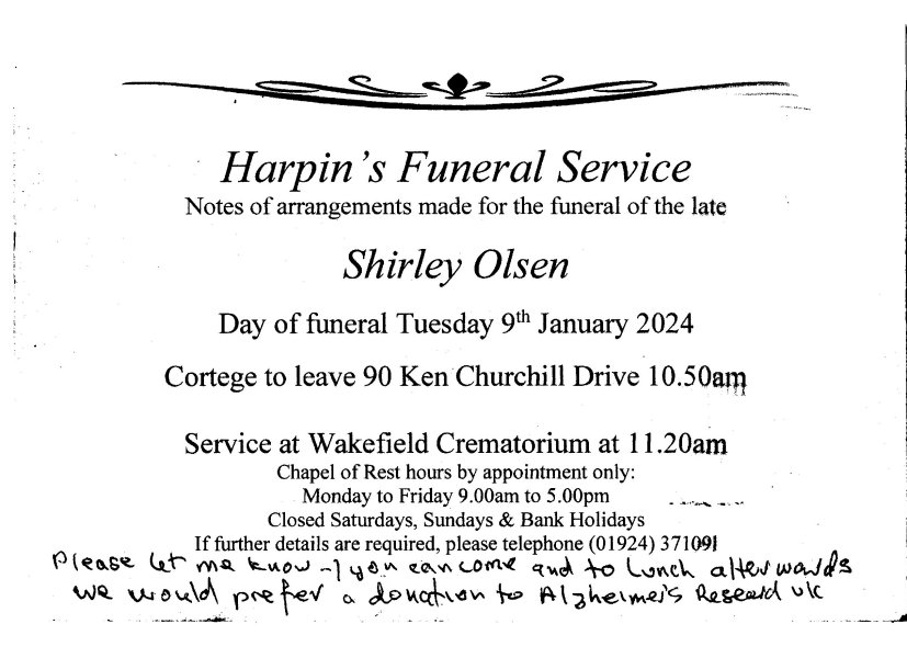 Harpins invitation to Funeral of Shirley 09 01 2024